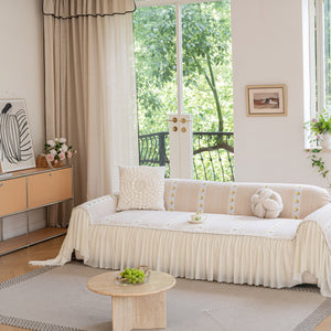 Daisy Striped Sofa Cover with Sheer Ruffle Skirt, Floral Soft Slipcover Blanket