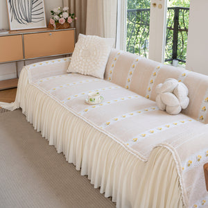 Daisy Striped Sofa Cover with Sheer Ruffle Skirt, Floral Soft Slipcover Blanket