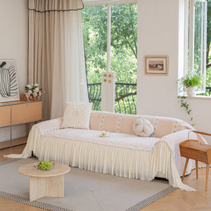 Daisy Striped Sofa Cover with Sheer Ruffle Skirt, Floral Soft Slipcover Blanket