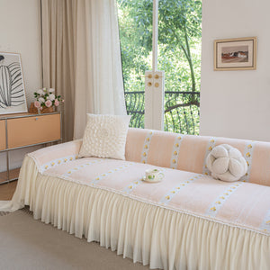 Daisy Striped Sofa Cover with Sheer Ruffle Skirt, Floral Soft Slipcover Blanket