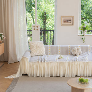 Daisy Striped Sofa Cover with Sheer Ruffle Skirt, Floral Soft Slipcover Blanket