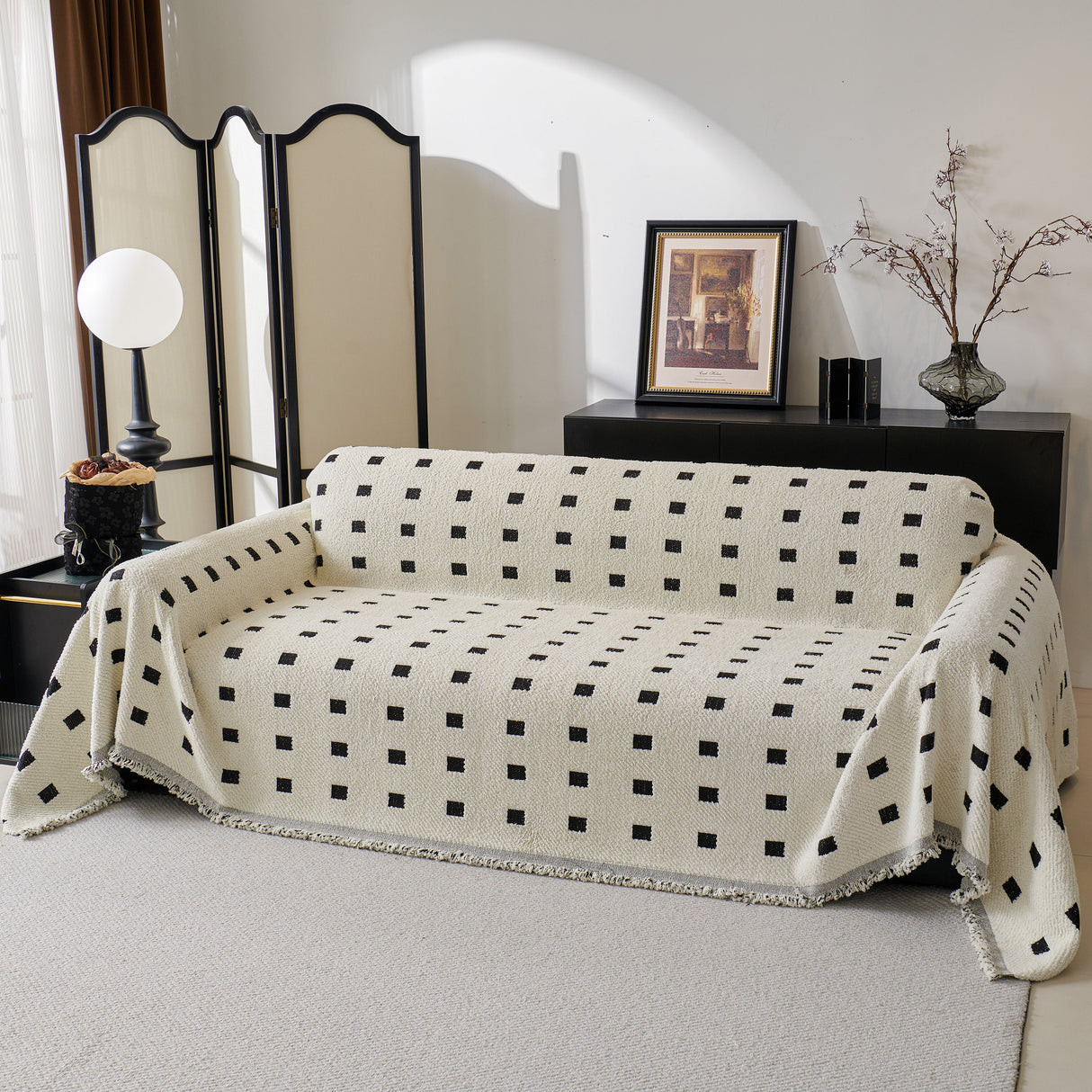 Sofa Throw Blanket with Woven Geometric Pattern & Tassels, Soft & Thick Couch Cover