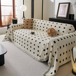 Sofa Throw Blanket with Woven Geometric Pattern & Tassels, Soft & Thick Couch Cover
