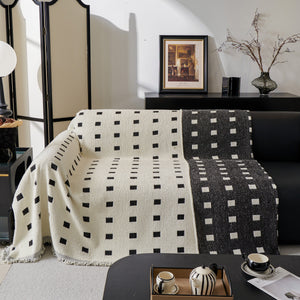 Sofa Throw Blanket with Woven Geometric Pattern & Tassels, Soft & Thick Couch Cover