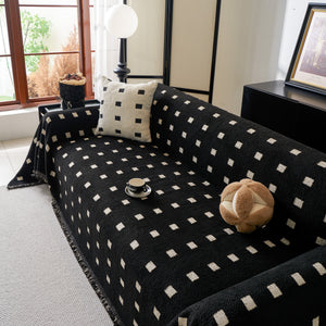 Sofa Throw Blanket with Woven Geometric Pattern & Tassels, Soft & Thick Couch Cover