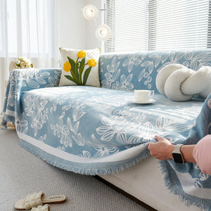 Floral Symphony Couch Throw Cover with Tassel, Chenille Sofa Cover with Leafy Melodies for Sectional