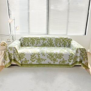 Floral Symphony Couch Throw Cover with Tassel, Chenille Sofa Cover with Leafy Melodies for Sectional