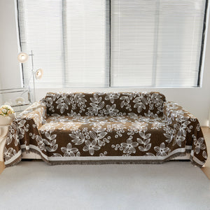 Floral Symphony Couch Throw Cover with Tassel, Chenille Sofa Cover with Leafy Melodies for Sectional