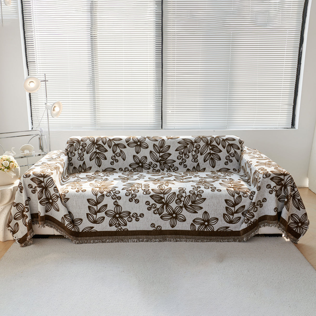 Floral Symphony Couch Throw Cover with Tassel, Chenille Sofa Cover with Leafy Melodies for Sectional