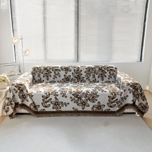 Floral Symphony Couch Throw Cover with Tassel, Chenille Sofa Cover with Leafy Melodies for Sectional