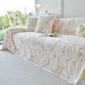 Plush Faux Fur Warm Sofa Cover with Waves Jacquard Textured Throw Blankets for Couch