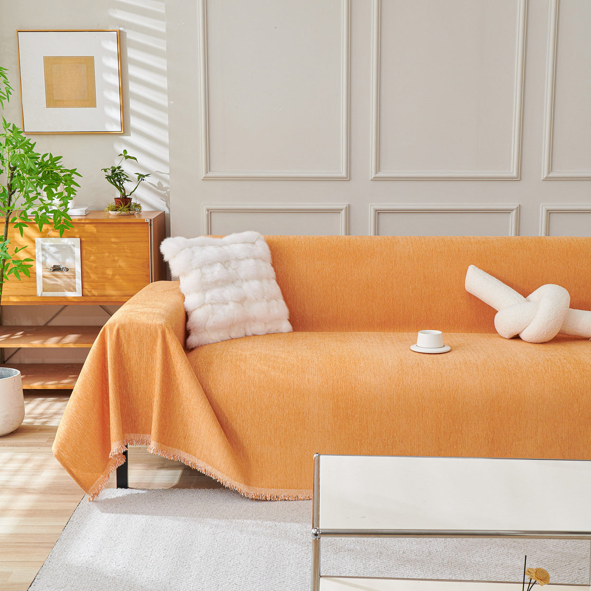 Solid Color Chenille Sofa Throw Blanket, Cozy & Easy Care Fringed Furniture Protector