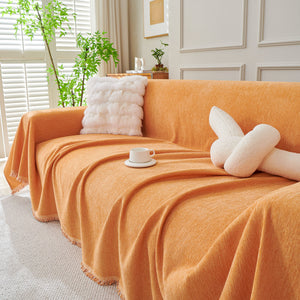 Solid Color Chenille Sofa Throw Blanket, Cozy & Easy Care Fringed Furniture Protector