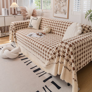 Jacquard Plush Houndstooth Sofa Throw Cover, Cover Throws for Sofas, Stylish Living Room Throws