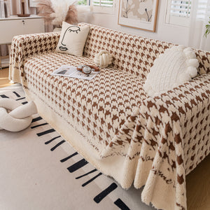 Jacquard Plush Houndstooth Sofa Throw Cover, Cover Throws for Sofas, Stylish Living Room Throws