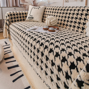 Jacquard Plush Houndstooth Sofa Throw Cover, Cover Throws for Sofas, Stylish Living Room Throws