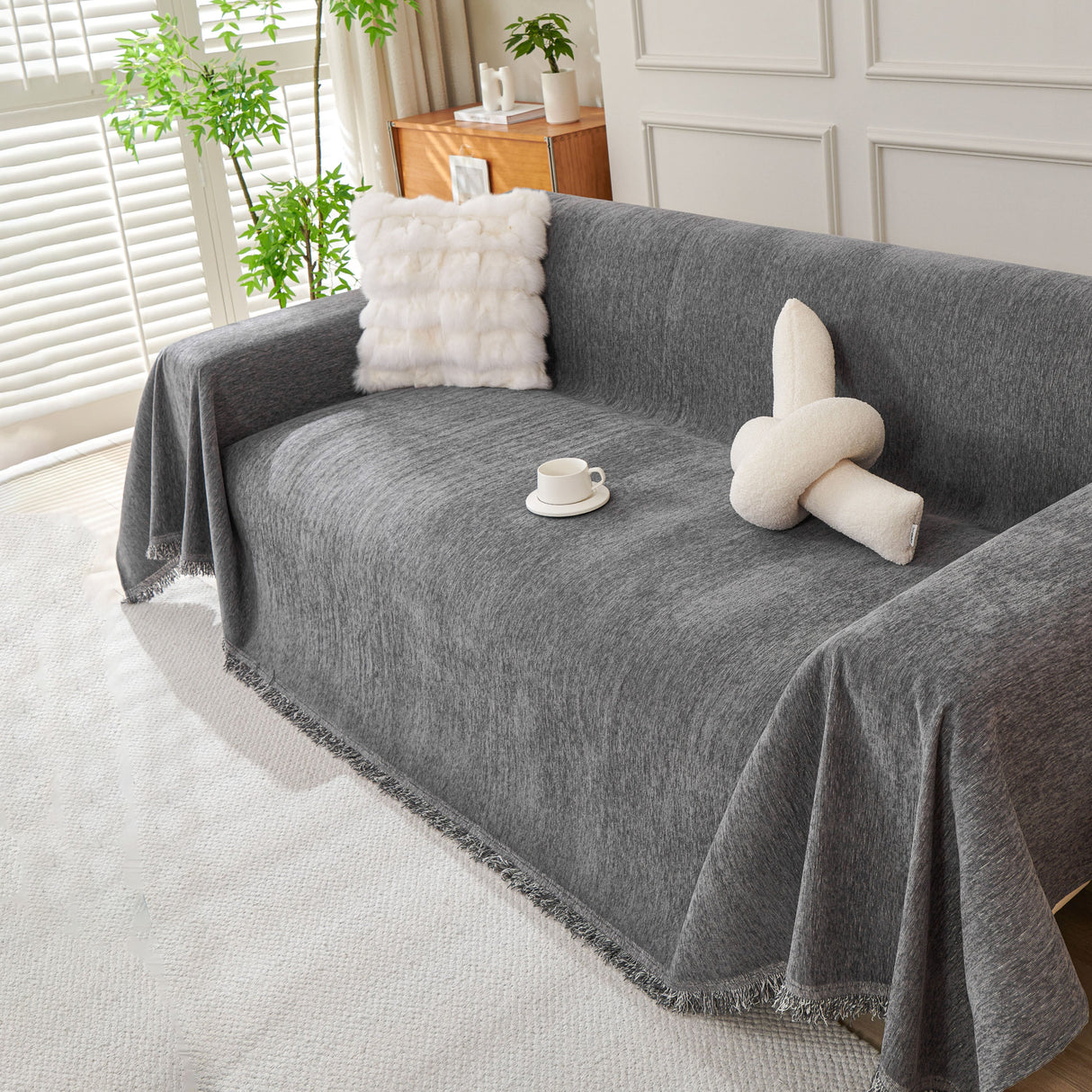 Solid Color Chenille Sofa Throw Blanket, Cozy & Easy Care Fringed Furniture Protector