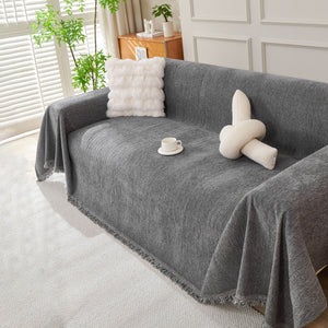 Solid Color Chenille Sofa Throw Blanket, Cozy & Easy Care Fringed Furniture Protector