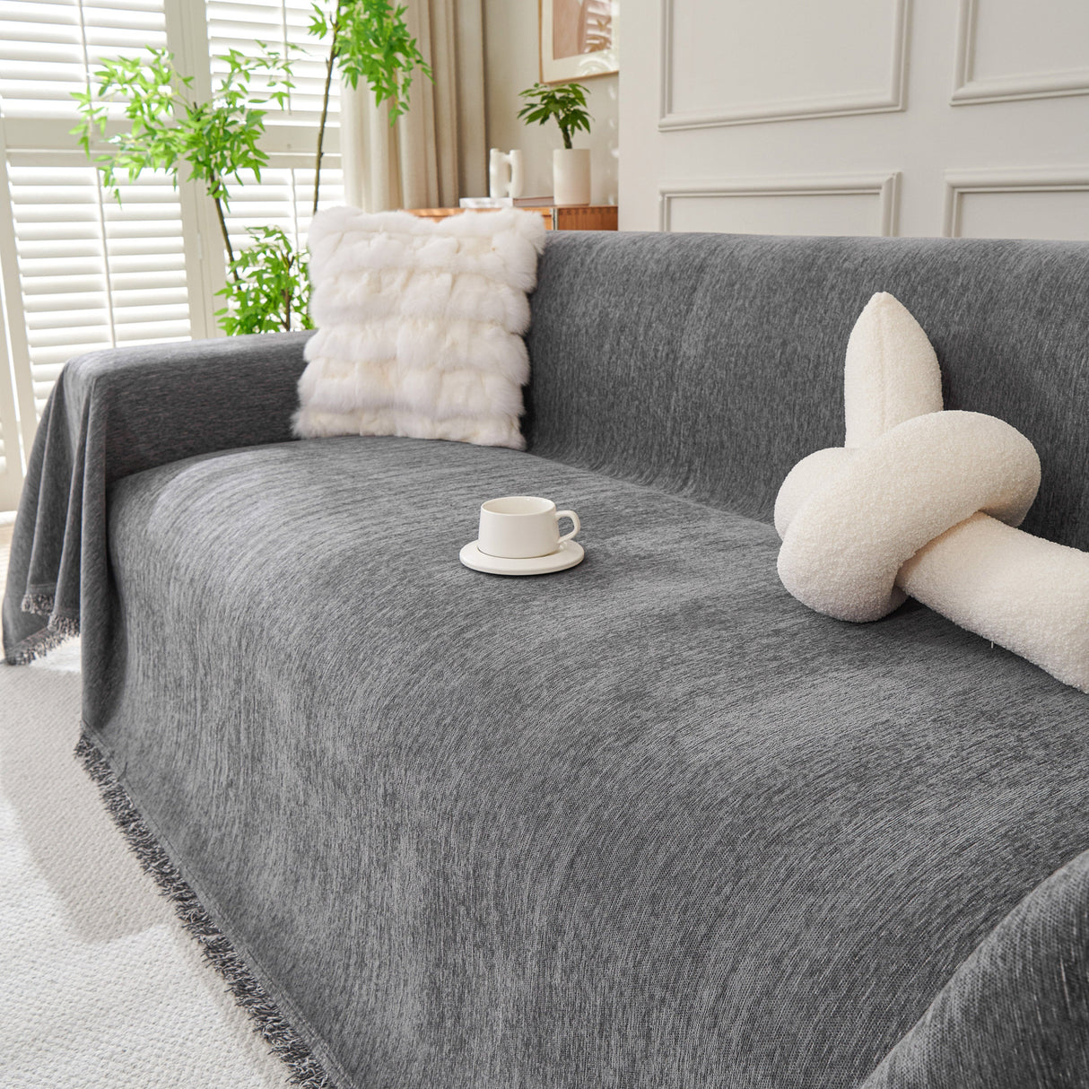Solid Color Chenille Sofa Throw Blanket, Cozy & Easy Care Fringed Furniture Protector