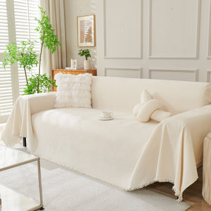 Solid Color Chenille Sofa Throw Blanket, Cozy & Easy Care Fringed Furniture Protector