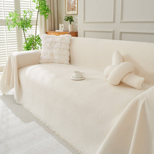 Solid Color Chenille Sofa Throw Blanket, Cozy & Easy Care Fringed Furniture Protector