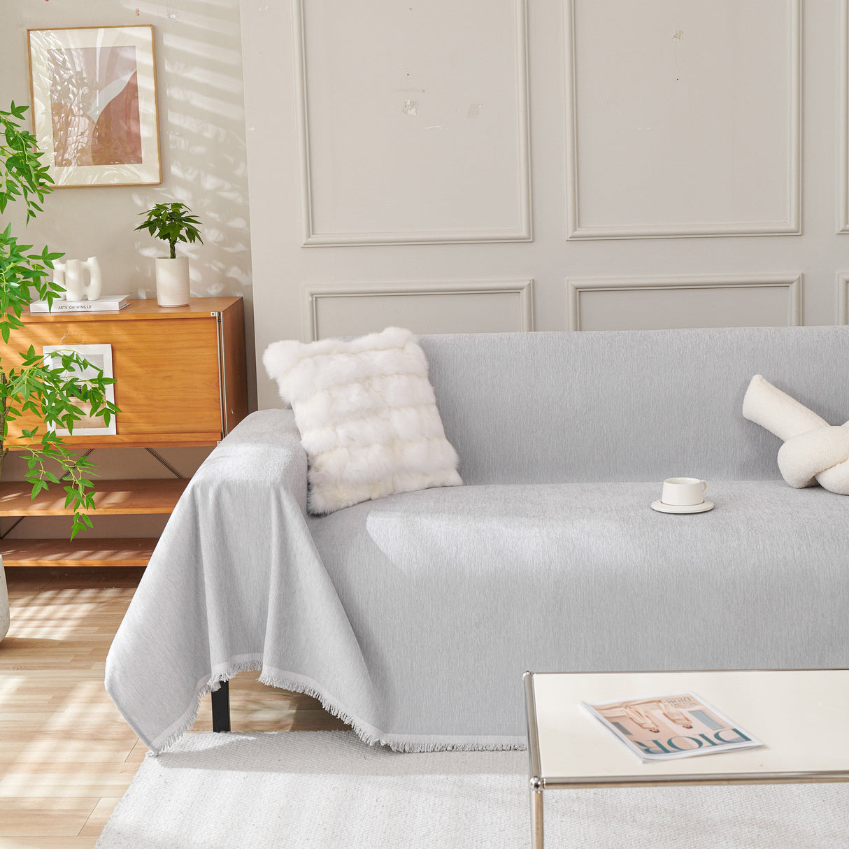 Solid Color Chenille Sofa Throw Blanket, Cozy & Easy Care Fringed Furniture Protector