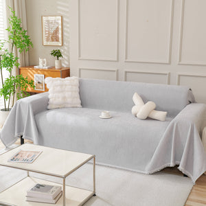 Solid Color Chenille Sofa Throw Blanket, Cozy & Easy Care Fringed Furniture Protector