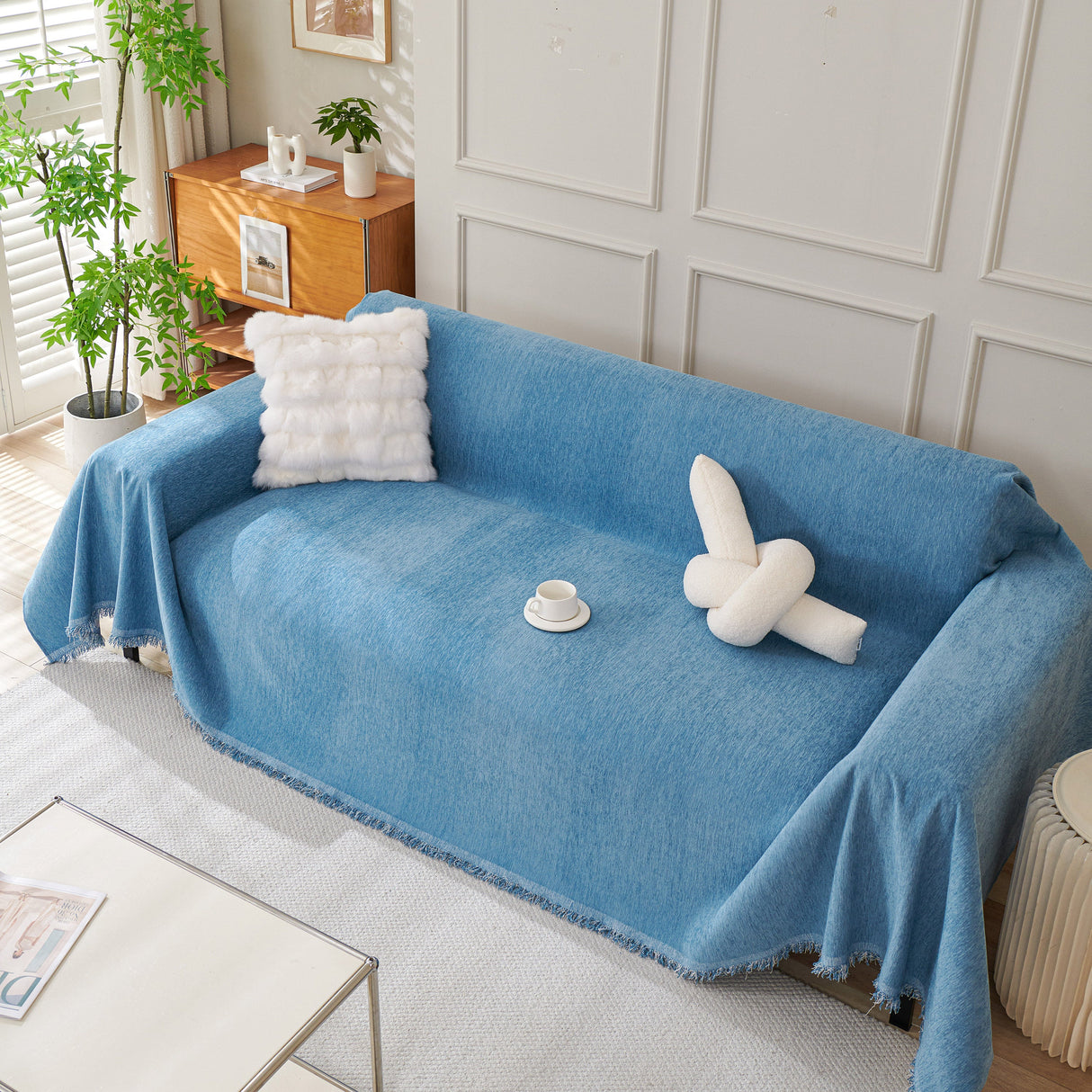 Solid Color Chenille Sofa Throw Blanket, Cozy & Easy Care Fringed Furniture Protector