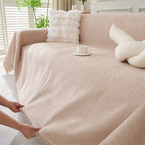 Solid Color Chenille Sofa Throw Blanket, Modern Decor Soft Couch Cover with Fringes
