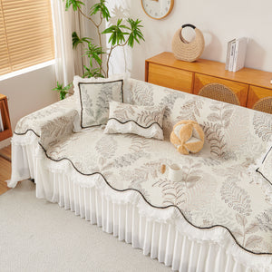 Farmhouse Ruffled Lace Sofa Slipcover Vintage Furniture Protector with Botanical Print