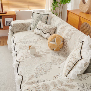 Farmhouse Ruffled Lace Sofa Slipcover Vintage Furniture Protector with Botanical Print