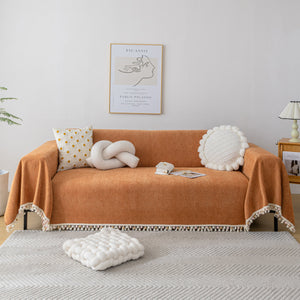 Couch Cover Sectional L Shape Chenille Herringbone Couch Throw Cover with Tassel Pom-Poms for Pets