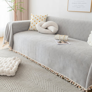 Couch Cover Sectional L Shape Chenille Herringbone Couch Throw Cover with Tassel Pom-Poms for Pets