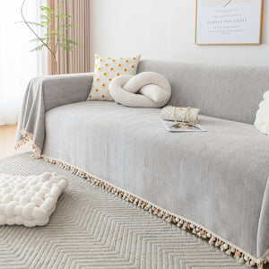 Couch Cover Sectional L Shape Chenille Herringbone Couch Throw Cover with Tassel Pom-Poms for Pets