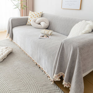 Couch Cover Sectional L Shape Chenille Herringbone Couch Throw Cover with Tassel Pom-Poms for Pets