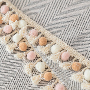 Boho Herringbone Sofa Throw Blanket with Pom Pom Tassels Stylish Furniture Slipcover
