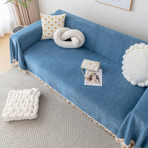 Couch Cover Sectional L Shape Chenille Herringbone Couch Throw Cover with Tassel Pom-Poms for Pets