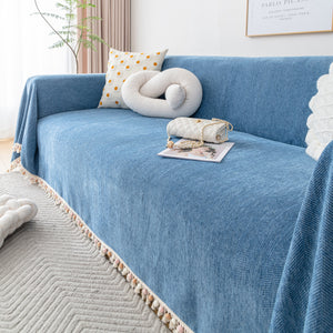 Couch Cover Sectional L Shape Chenille Herringbone Couch Throw Cover with Tassel Pom-Poms for Pets