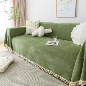 Boho Herringbone Sofa Throw Blanket with Pom Pom Tassels Stylish Furniture Slipcover
