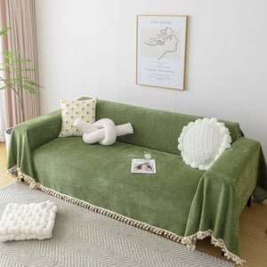 Couch Cover Sectional L Shape Chenille Herringbone Couch Throw Cover with Tassel Pom-Poms for Pets