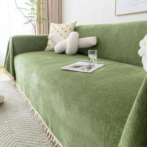 Couch Cover Sectional L Shape Chenille Herringbone Couch Throw Cover with Tassel Pom-Poms for Pets