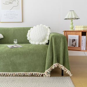 Couch Cover Sectional L Shape Chenille Herringbone Couch Throw Cover with Tassel Pom-Poms for Pets