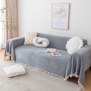 Boho Herringbone Sofa Throw Blanket with Pom Pom Tassels Stylish Furniture Slipcover