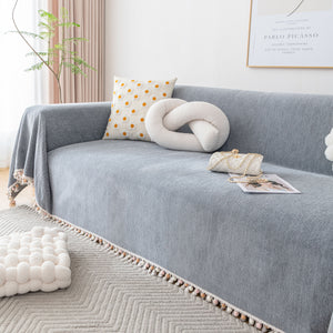 Boho Herringbone Sofa Throw Blanket with Pom Pom Tassels Stylish Furniture Slipcover