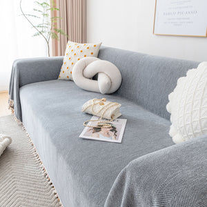 Boho Herringbone Sofa Throw Blanket with Pom Pom Tassels Stylish Furniture Slipcover
