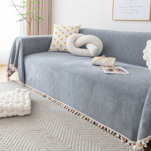 Couch Cover Sectional L Shape Chenille Herringbone Couch Throw Cover with Tassel Pom-Poms for Pets