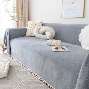 Boho Herringbone Sofa Throw Blanket with Pom Pom Tassels Stylish Furniture Slipcover