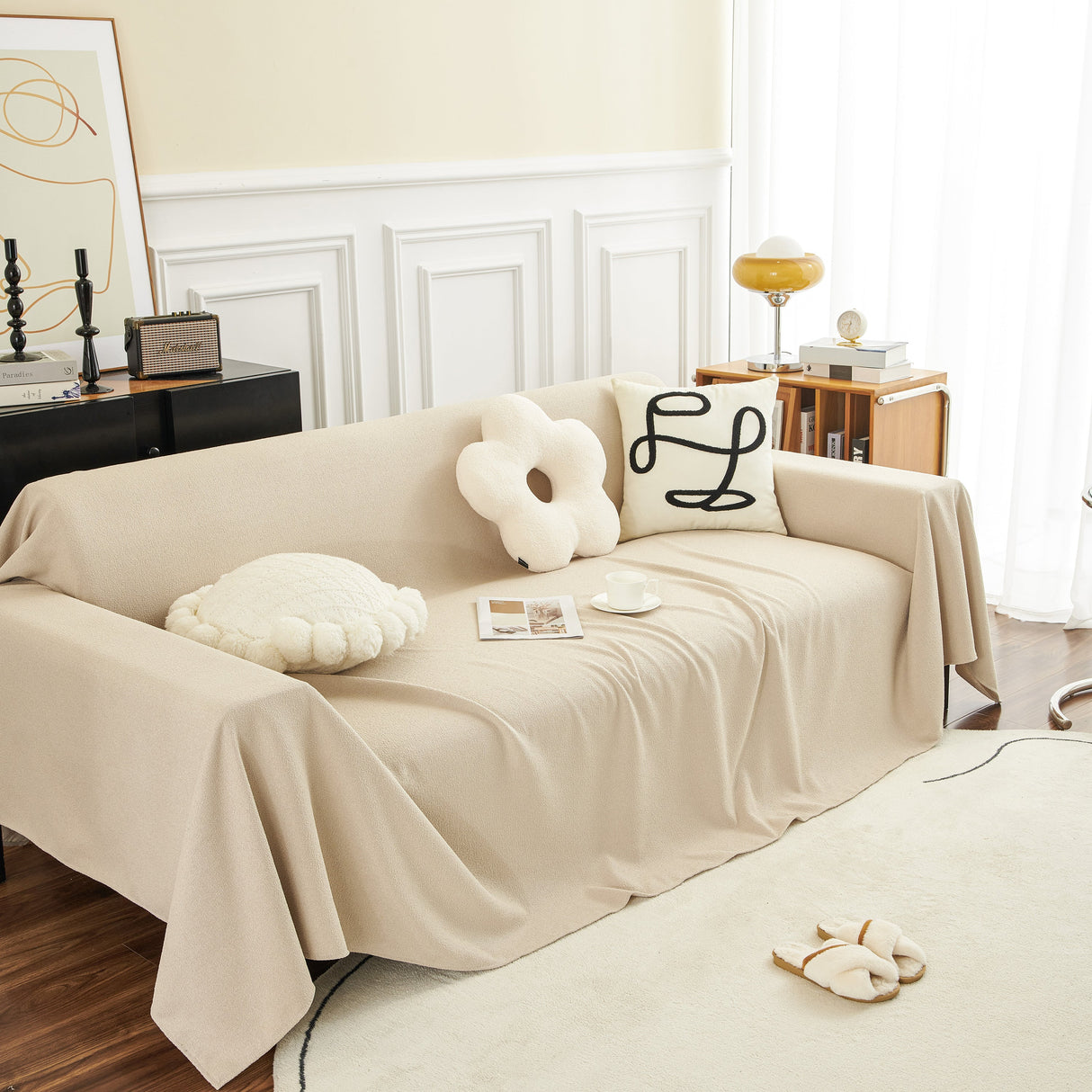 Teddy Throw Blanket and Stylish Slipcover for Couch, Waterproof Sofa Cover for Pets