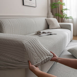 Plush Fleece Sofa Slipcover with 3D Wheat Pattern, Cozy High-Stretch Couch Cover
