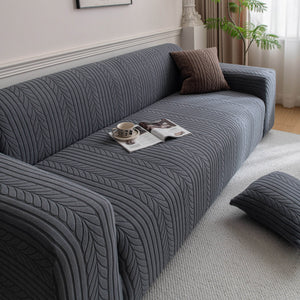 Plush Fleece Sofa Slipcover with 3D Wheat Pattern, Cozy High-Stretch Couch Cover